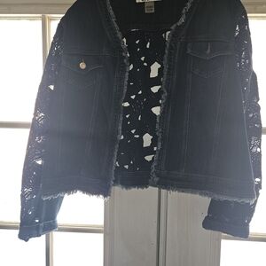 Dark Blue Lace-Sleeve Denim Jacket - Xhilaration